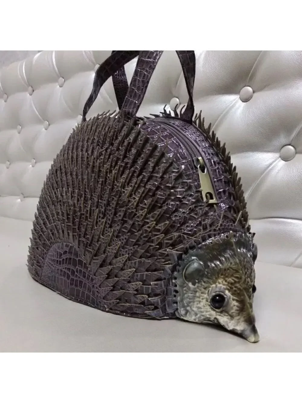 HEDGEHOG NOVELTY BAG PURPLE CROC EMBOSSED SATCHEL UNIQUE STATEMENT HANDBAG